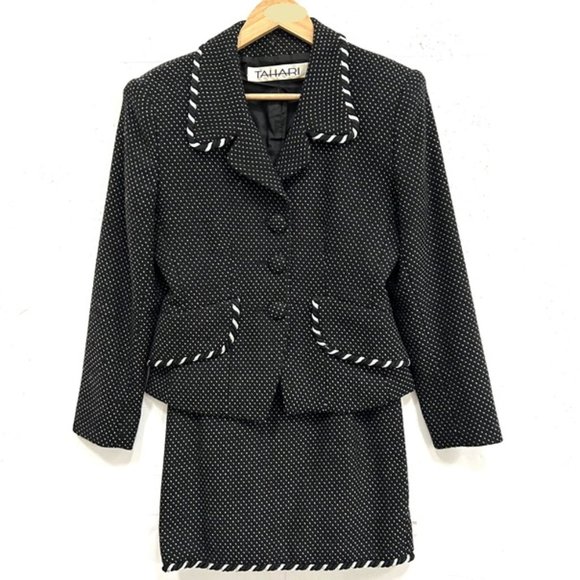 TAHARI Black Textured Wool Skirt Suit Set with Cord Detail - Picture 1 of 11